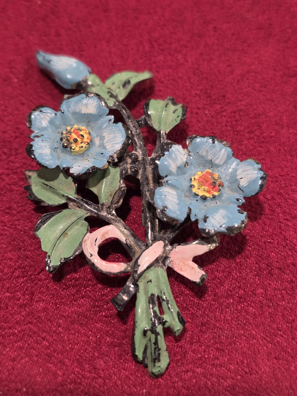 Celluloid Floral Bouquet Brooch with Blue Flowers